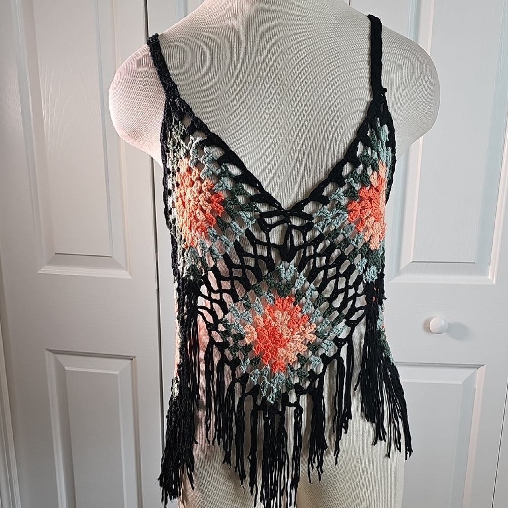 ViVID Crochet Fringe Camisole - Black, Orange, Green. Size Large.‎